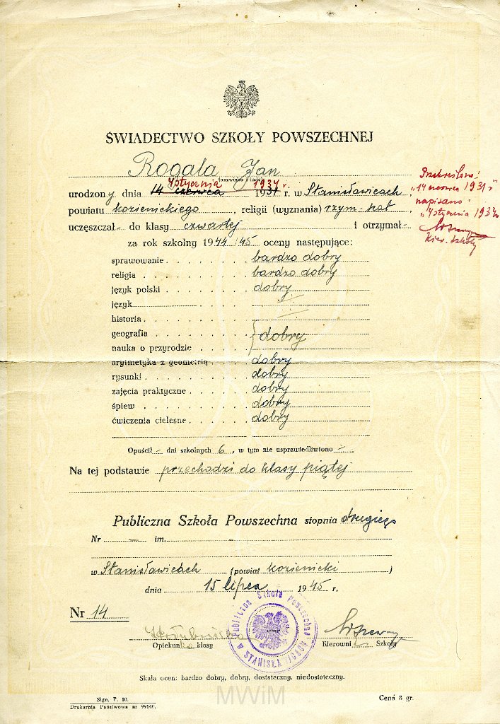 KKE 5849.jpg - Dok. Świadectwo szkolne wystawione przez Publiczna Szkołę Powszechną stopnia drugiego w Stanisławowicach dla Jana Rogala, Stanisławowice, 15 VII 1945 r.